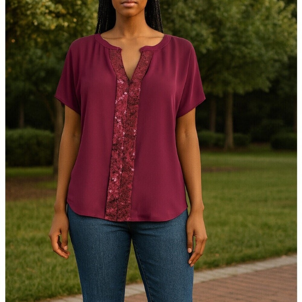 Juicy Contour Women's Size Small Blouse Sequin Berry Plum Cap Sleeves V-Neck SM